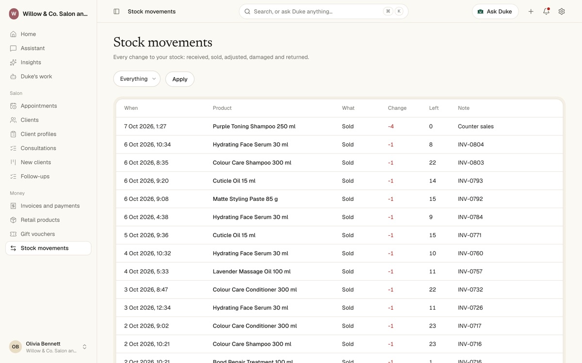 Stock movements: received, sold and adjusted