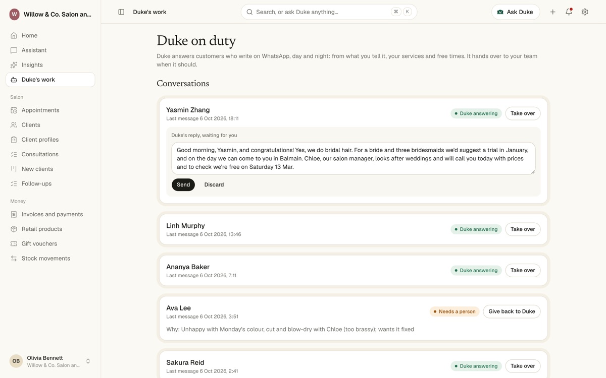 Duke on duty: WhatsApp conversations, a drafted reply and a client handed to a person