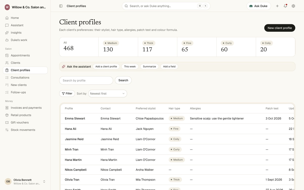 Client profiles table with preferred stylist, hair type, allergies and patch test date
