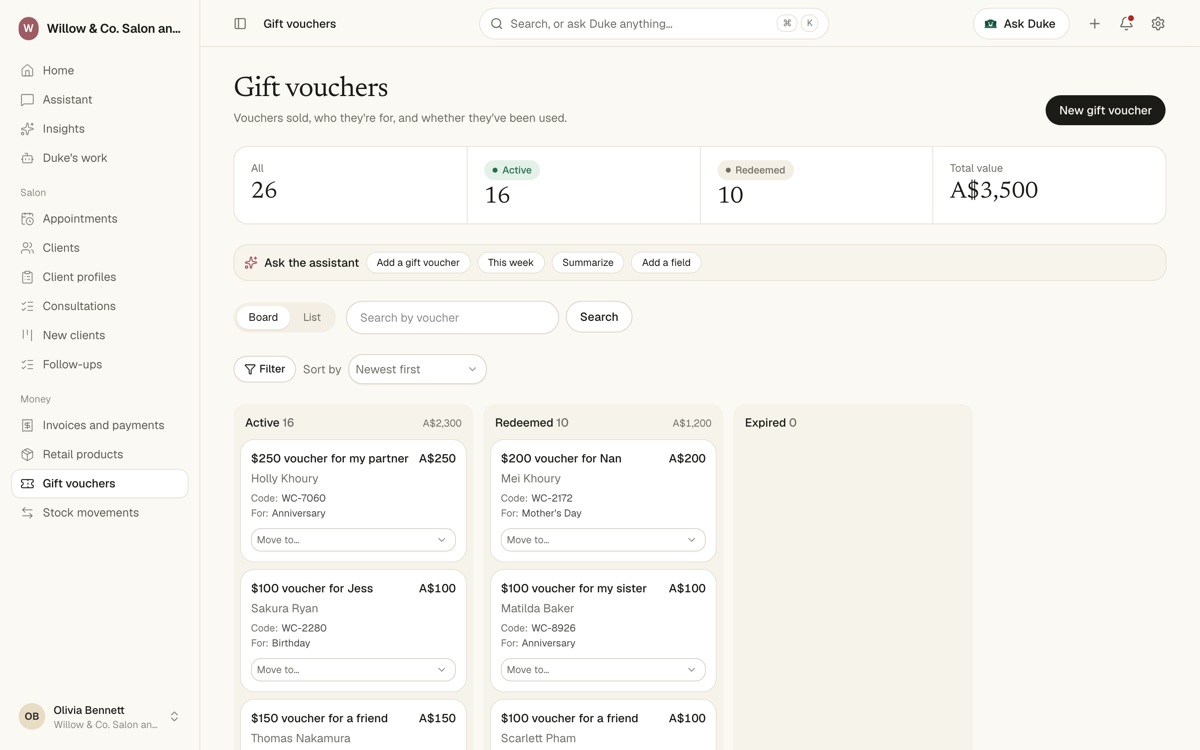 Gift vouchers board with Active, Redeemed and Expired columns and voucher codes