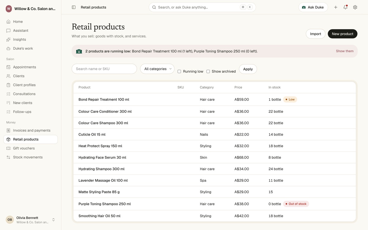 The products list with stock, low and out-of-stock flags