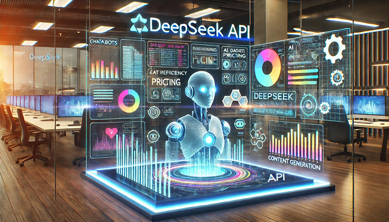 Futuristic AI-powered digital interface showcasing DeepSeek API features, pricing comparisons, and AI-driven tools in a high-tech environment.